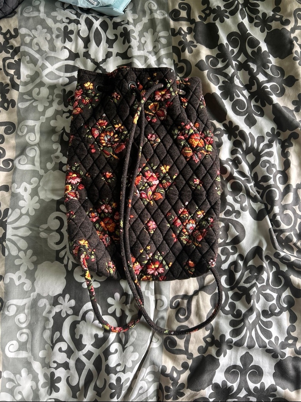 Vera Bradley Quilted Drawstring Bucket Bag - Black with Pink & Orange Floral